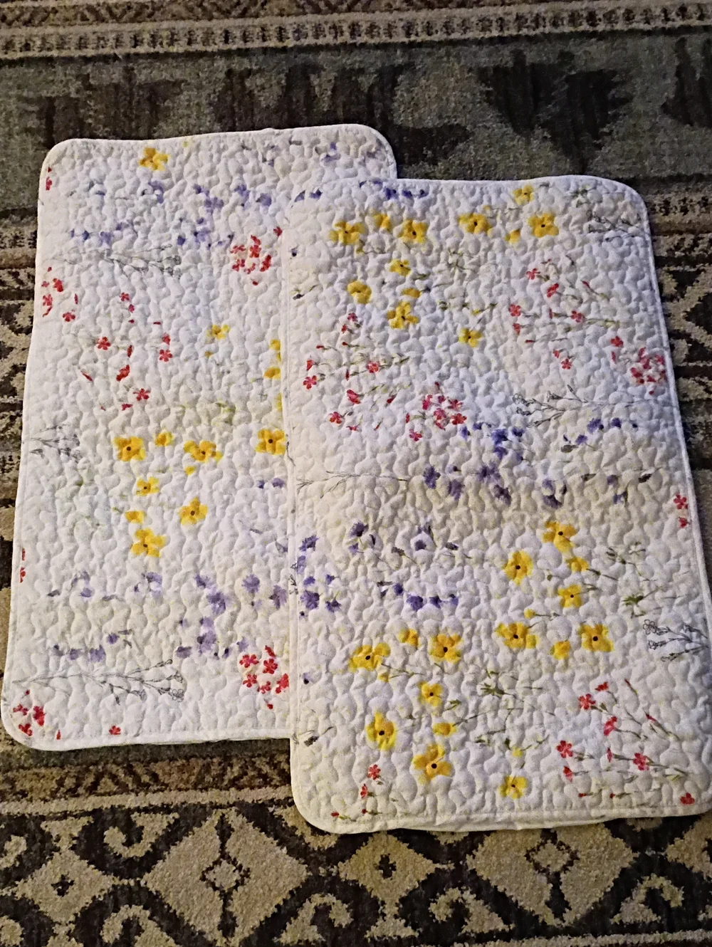 Vintage Floral Quilted Pillowcases White with Rose Yellow & Purple Flowers